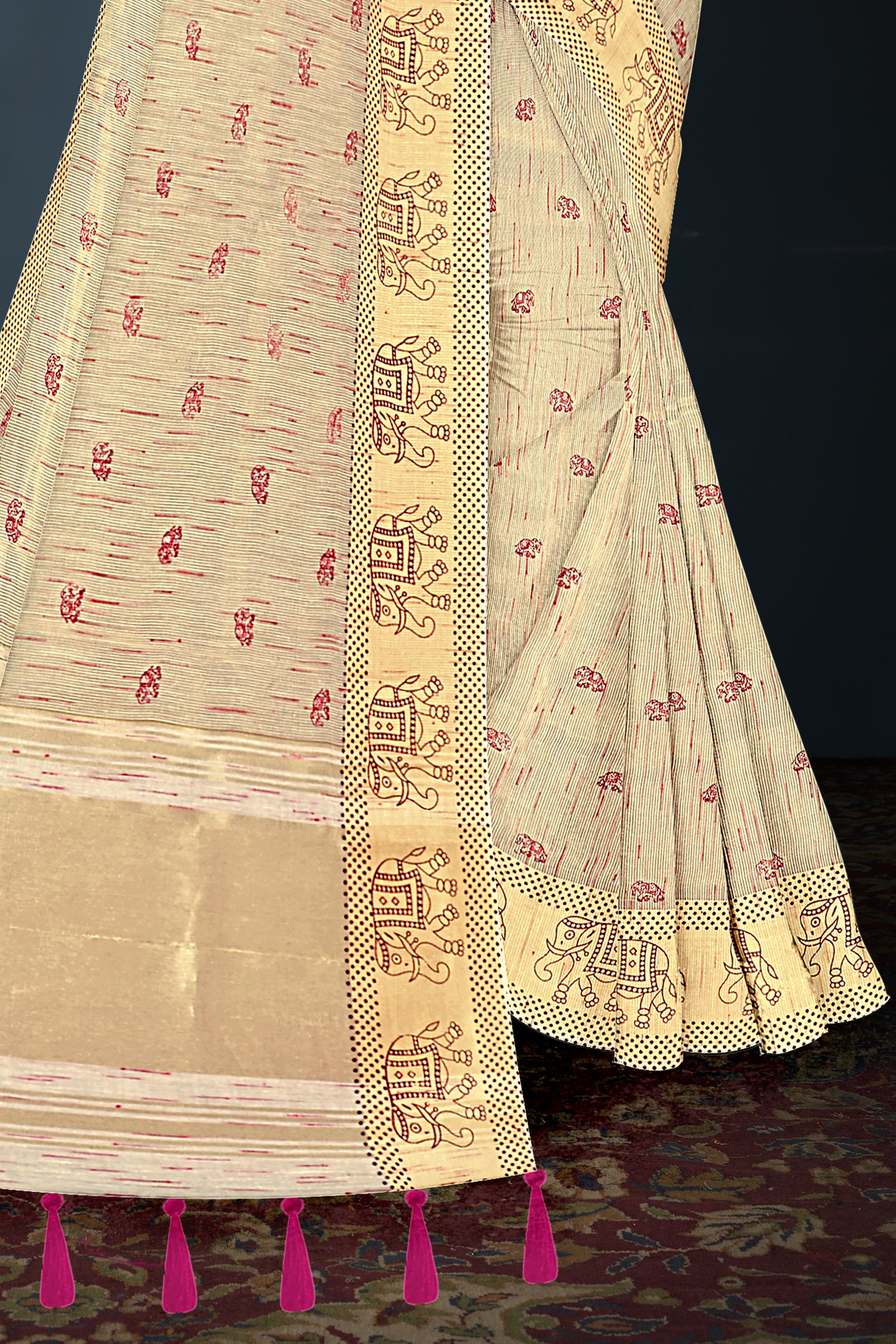 Light Beige Cotton Saree with Maroon Elephant Motifs