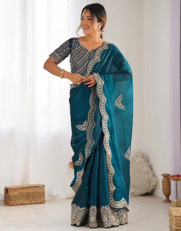 Zehra – Teal Mirror Work Saree with Heavy Embroidered Blouse
