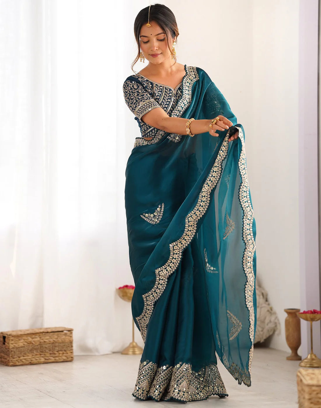 Zehra – Teal Mirror Work Saree with Heavy Embroidered Blouse