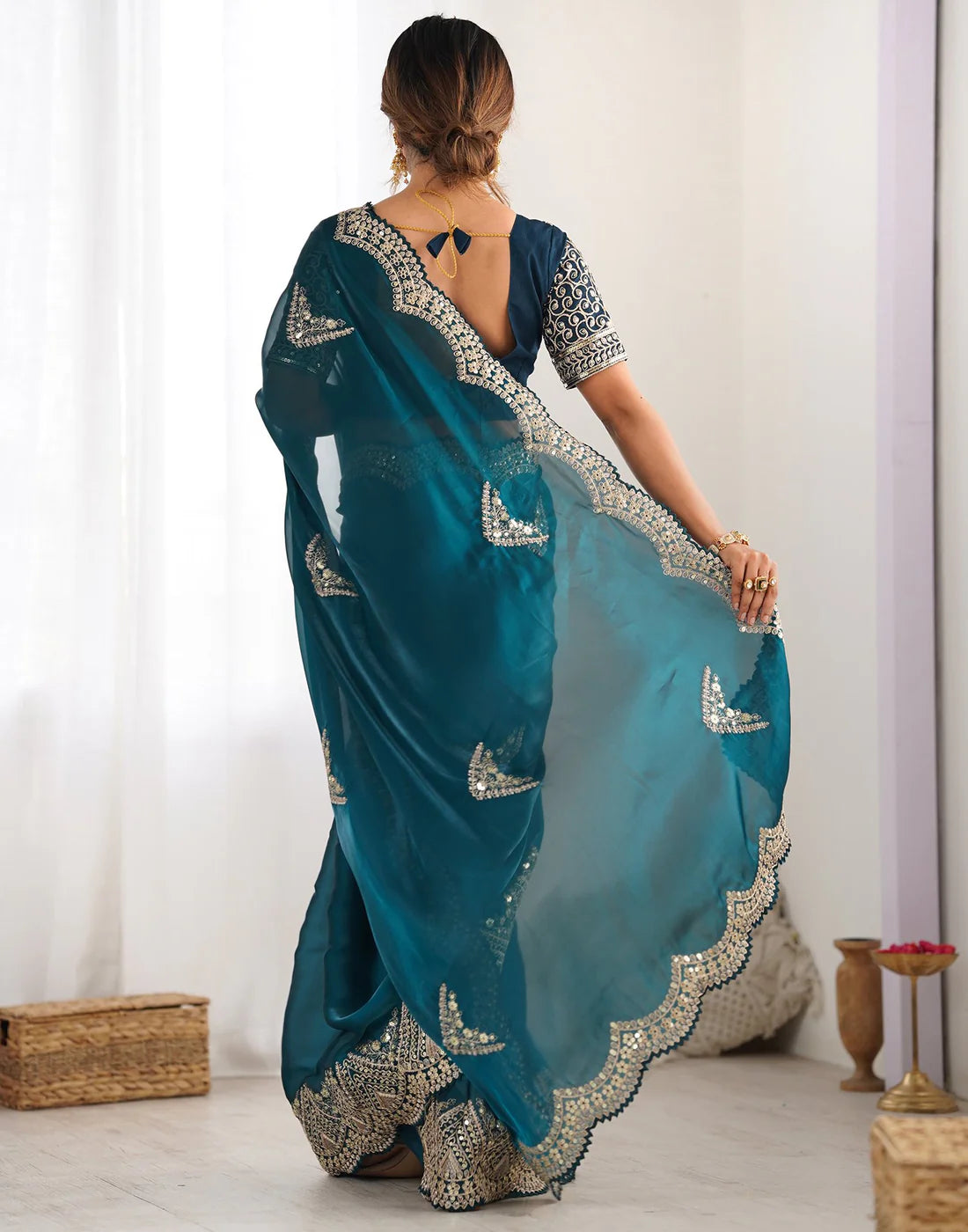 Zehra – Teal Mirror Work Saree with Heavy Embroidered Blouse