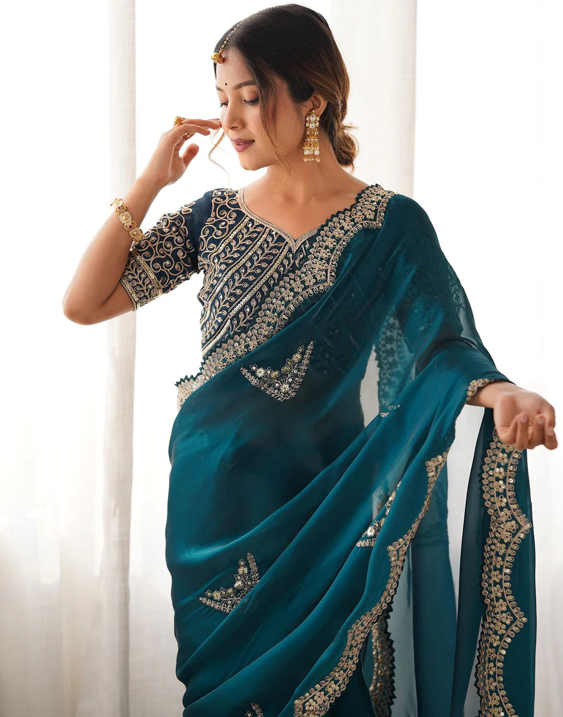 Zehra – Teal Mirror Work Saree with Heavy Embroidered Blouse