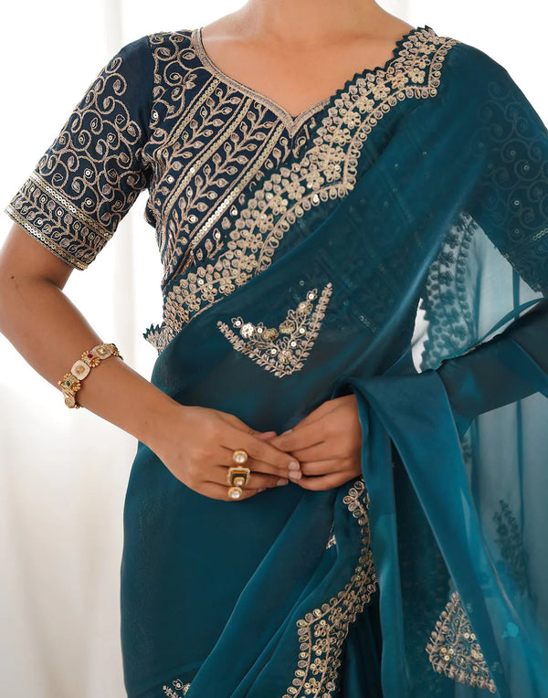 Zehra – Teal Mirror Work Saree with Heavy Embroidered Blouse