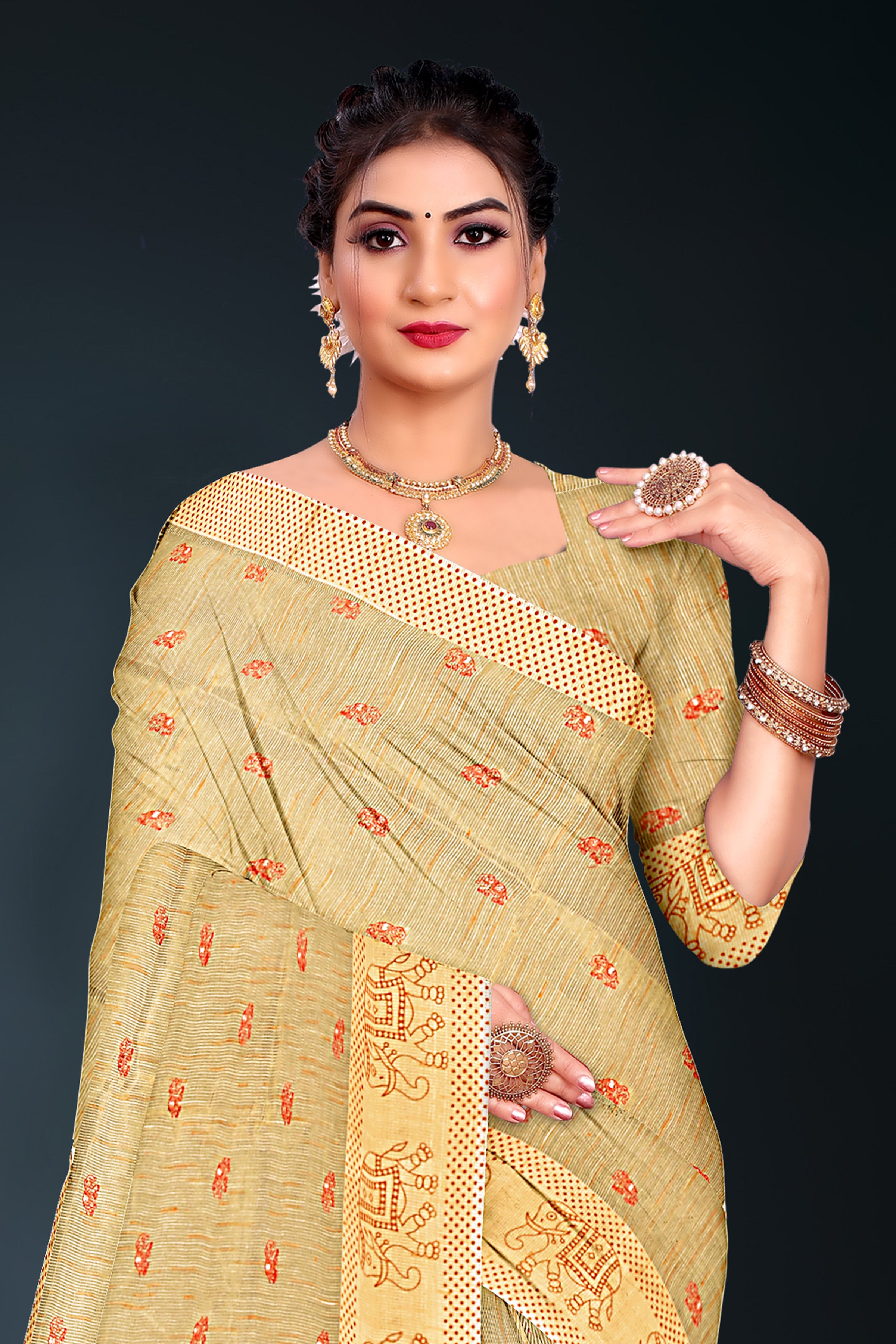 Golden Beige Cotton Saree with Elephant Motifs