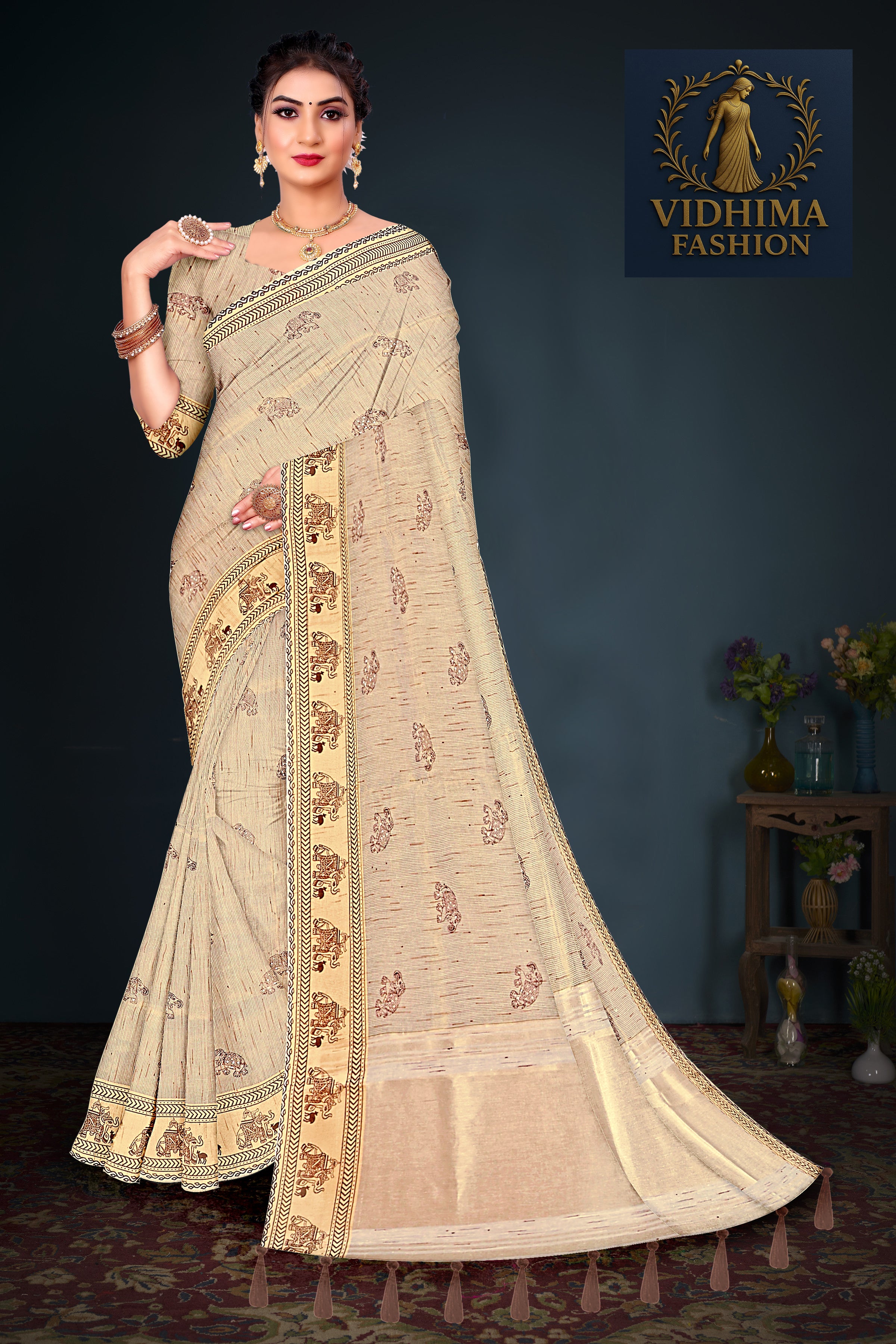 Cream Beige Cotton Saree with Elephant Motifs