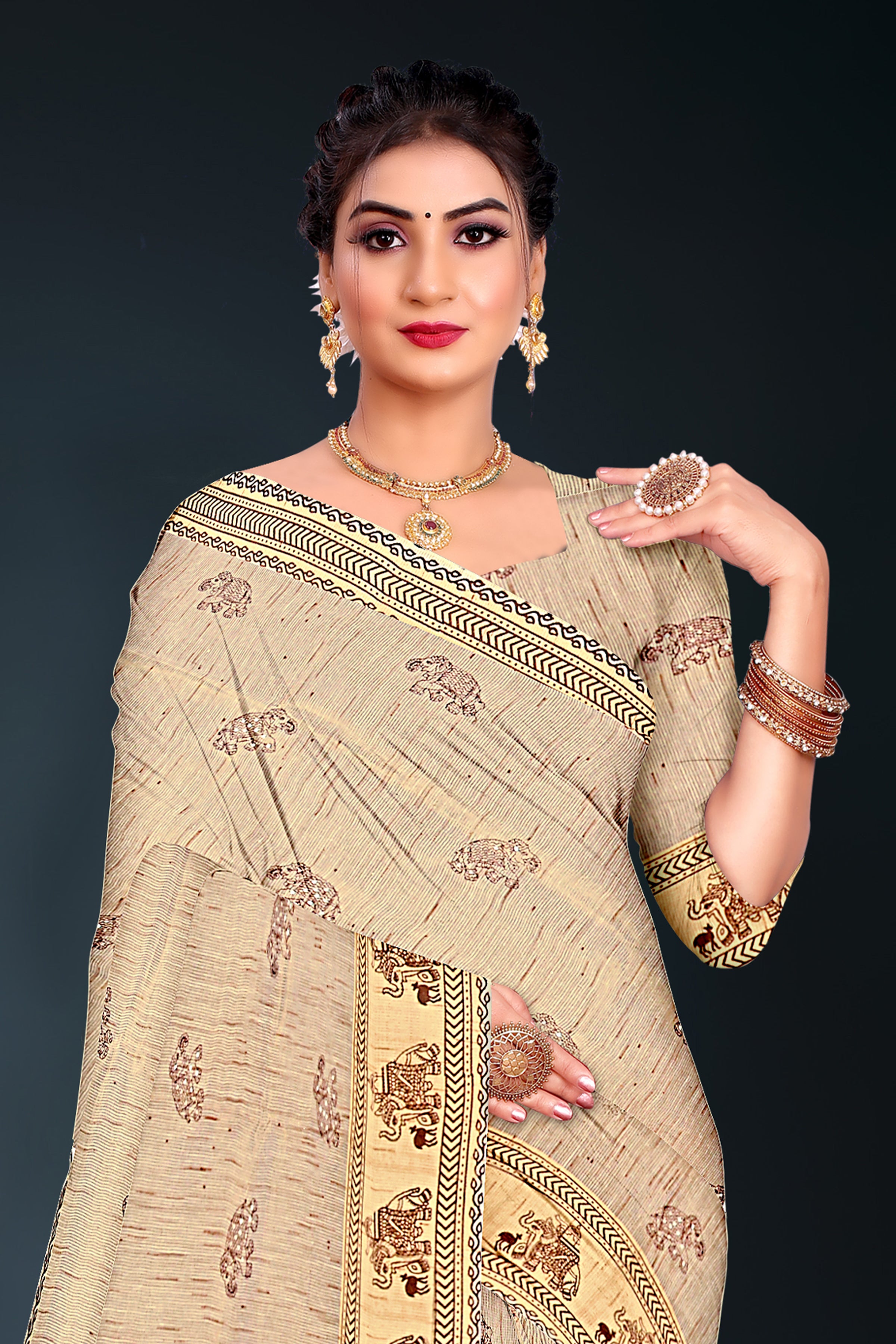 Cream Beige Cotton Saree with Elephant Motifs