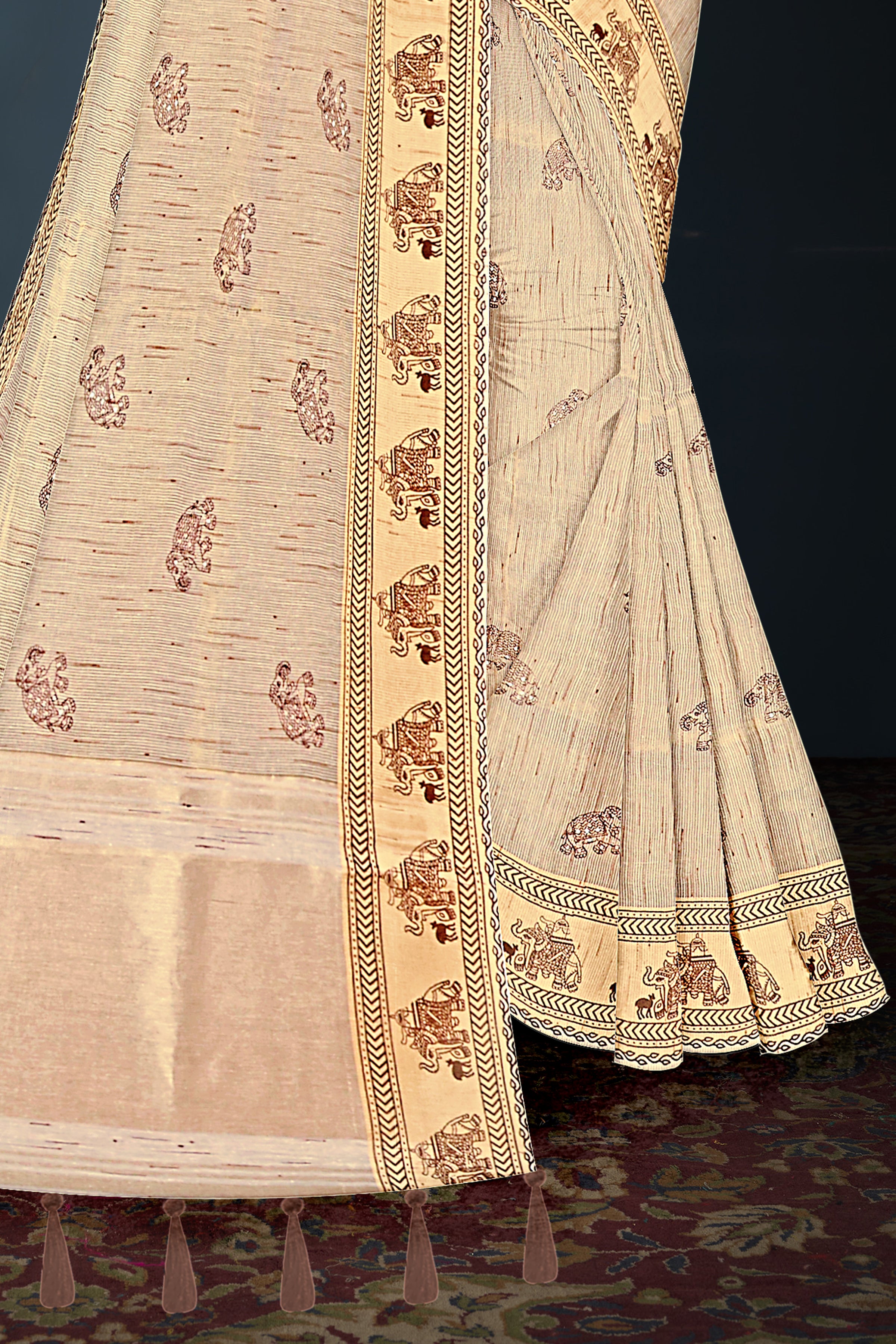 Cream Beige Cotton Saree with Elephant Motifs