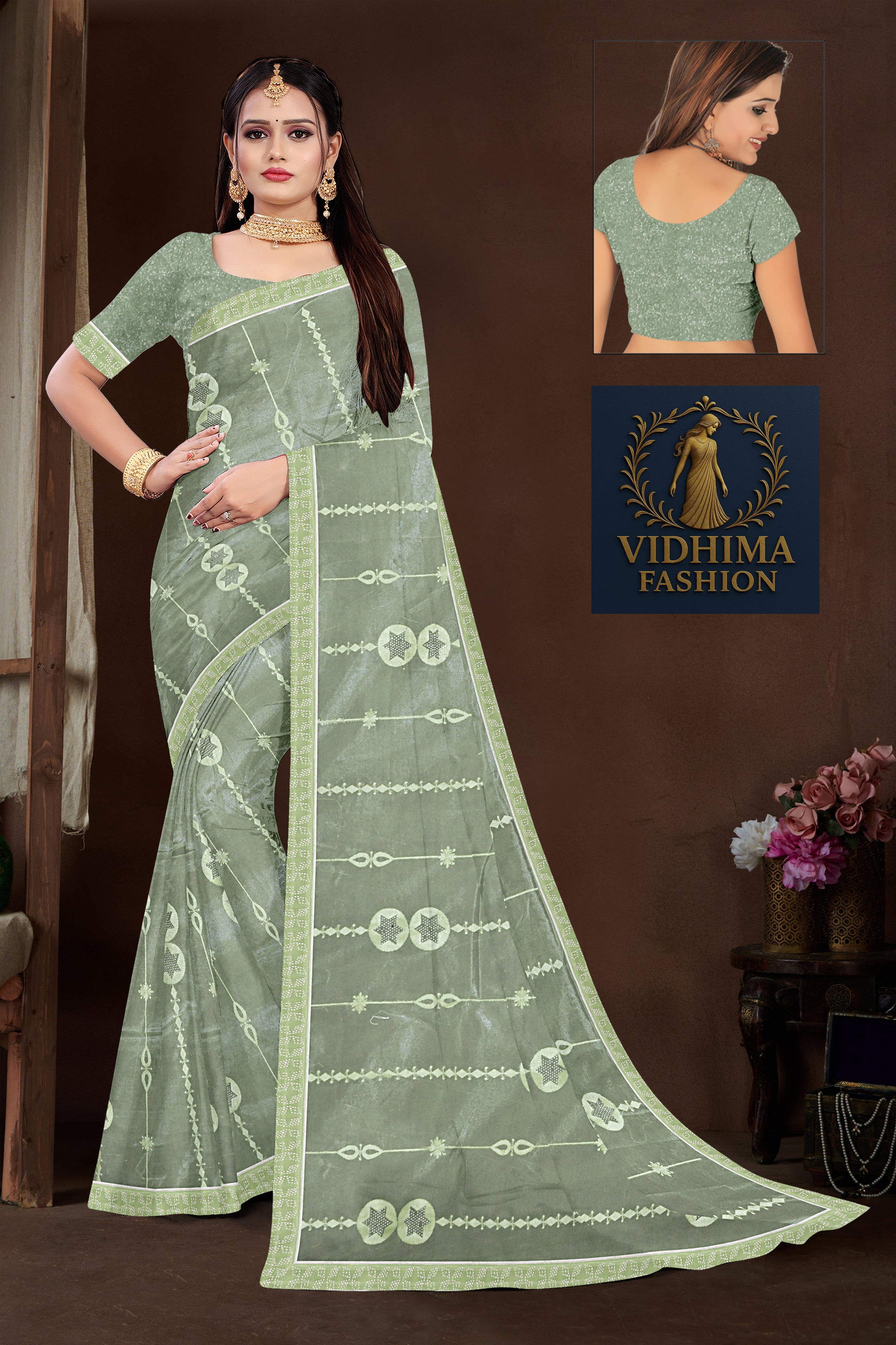 Sage Green Embroidered Organza Saree