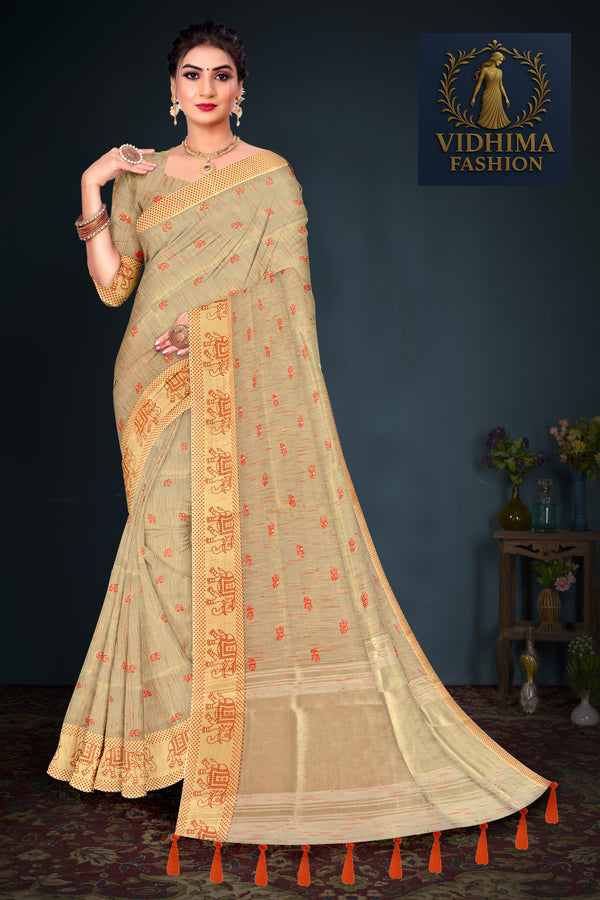 Beige Handloom Cotton Saree with Orange Tribal Motif and Tassel Border