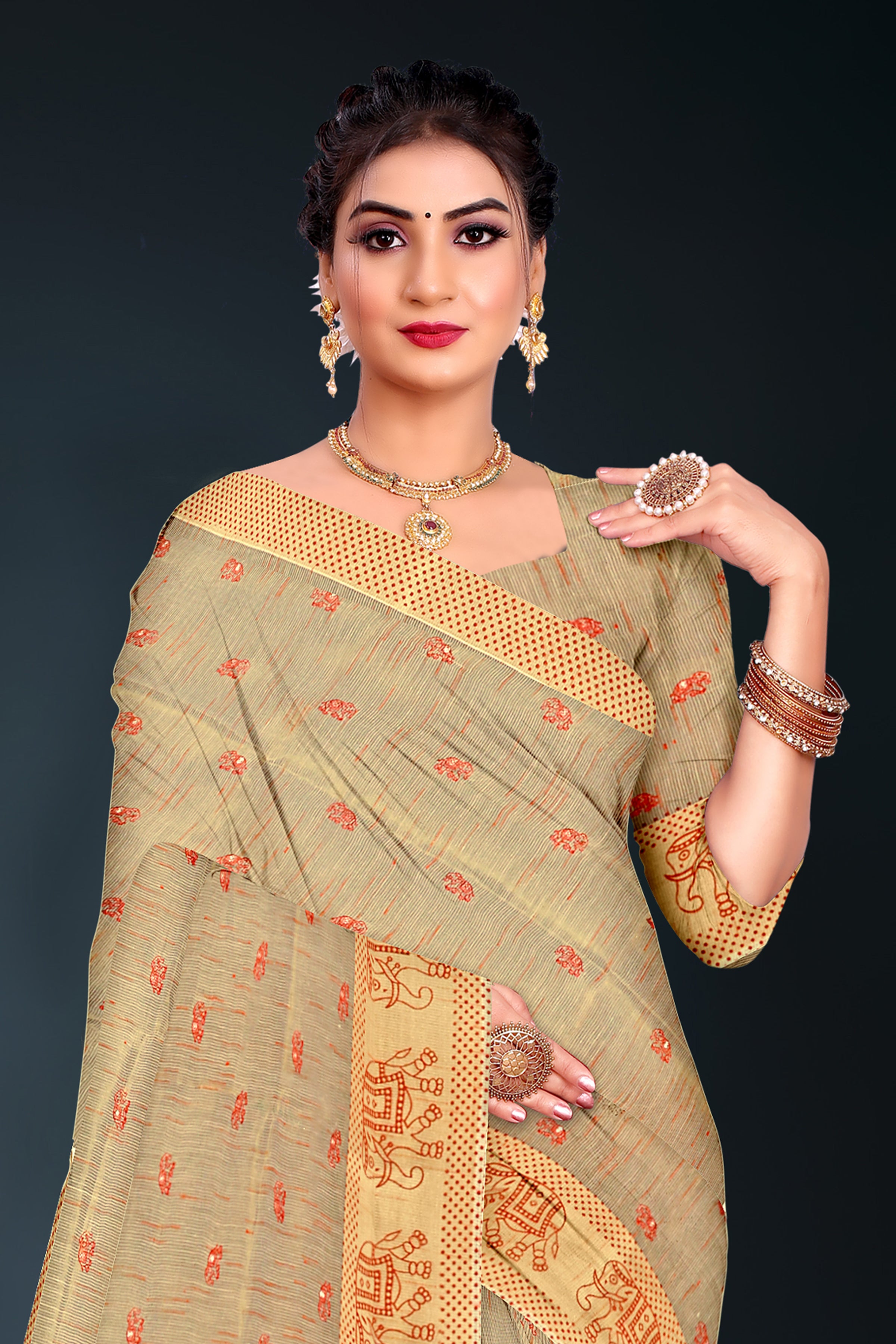Beige Handloom Cotton Saree with Orange Tribal Motif and Tassel Border
