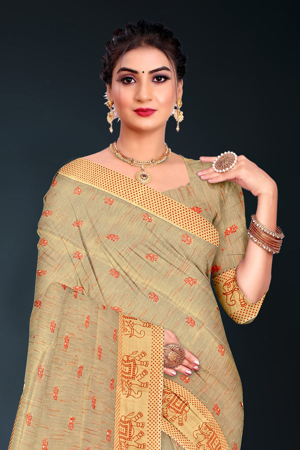Beige Handloom Cotton Saree with Orange Tribal Motif and Tassel Border
