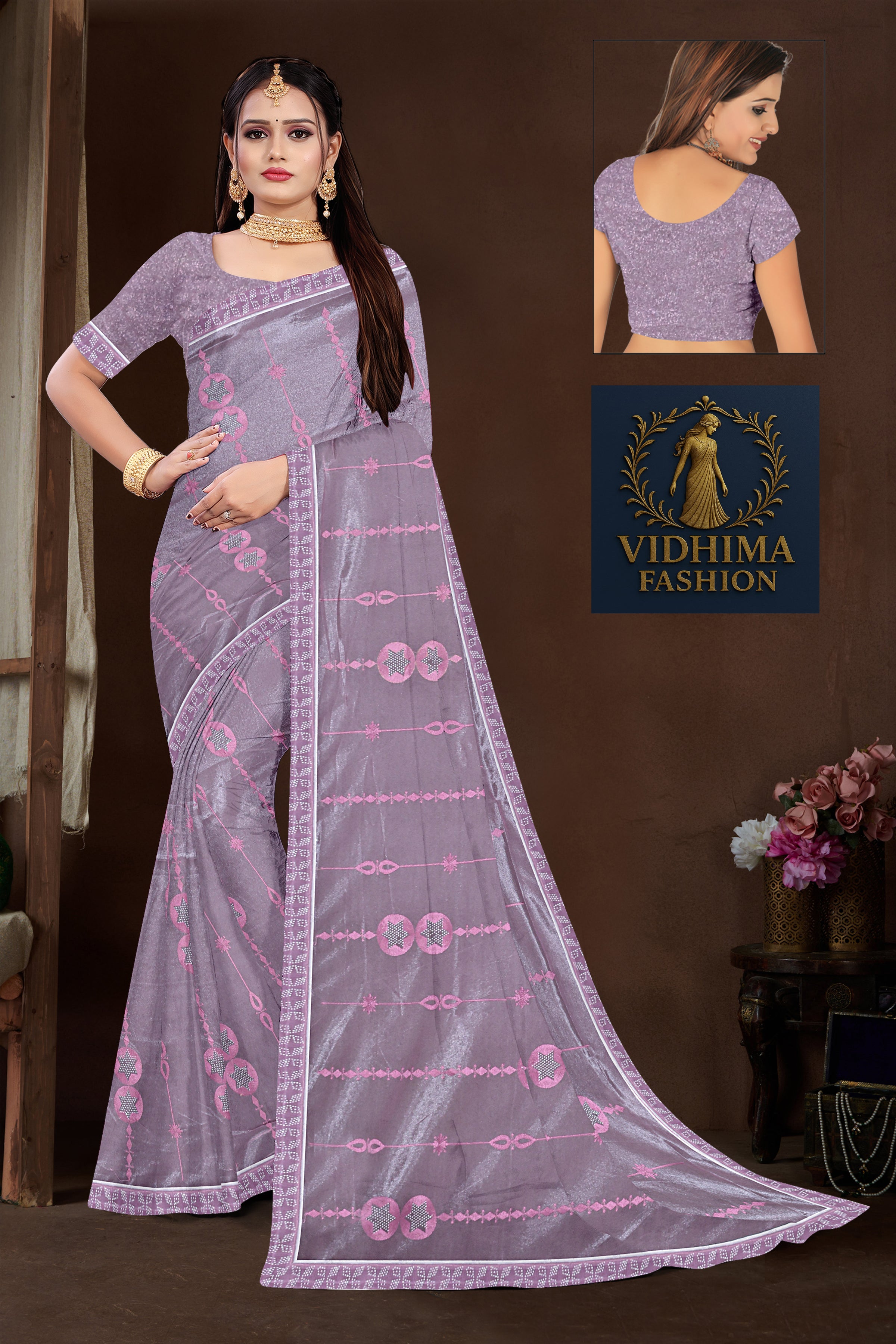 Mauve Pink Embroidered Organza Saree