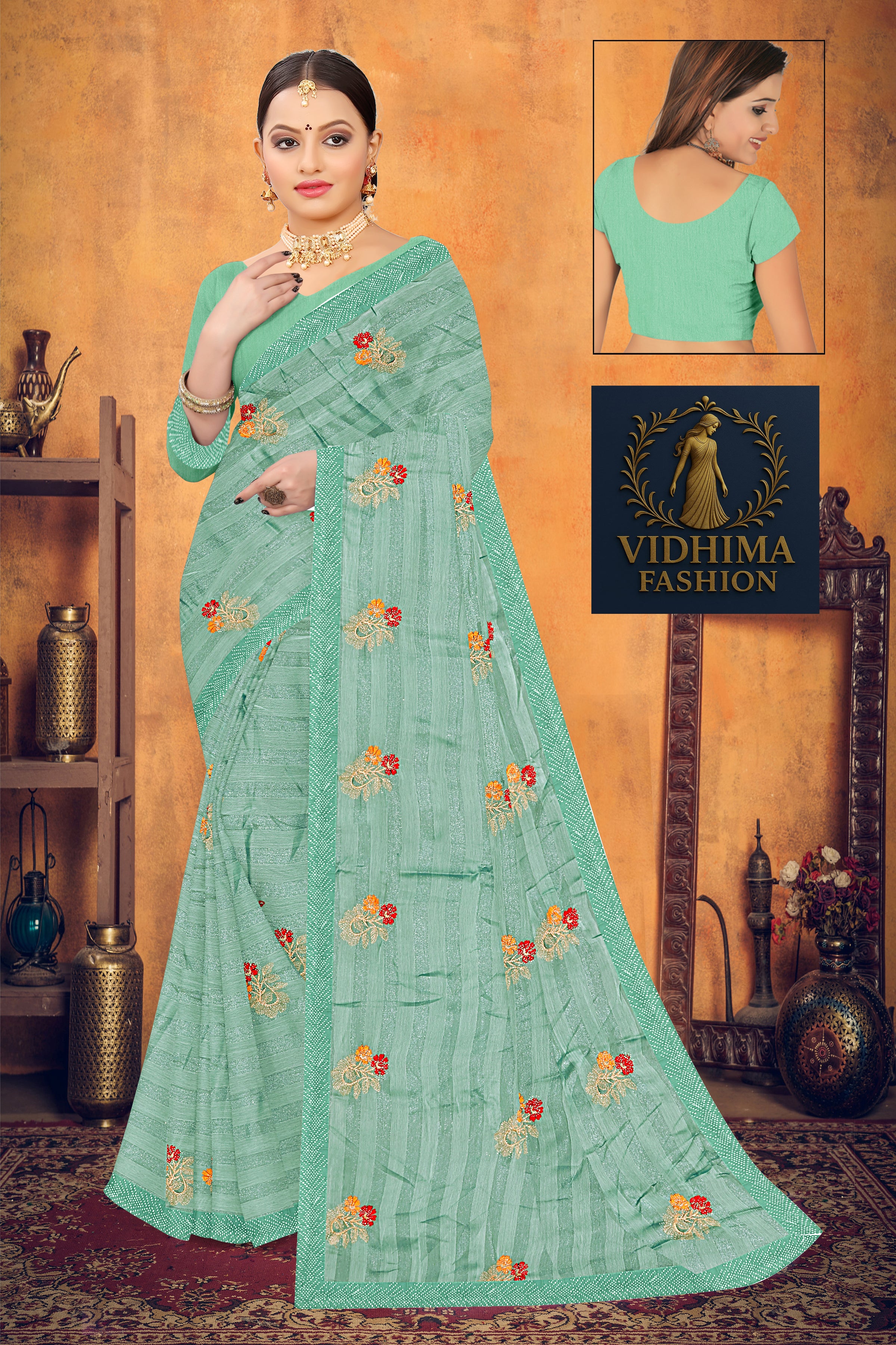 Mint Green Floral Embroidered Georgette Saree