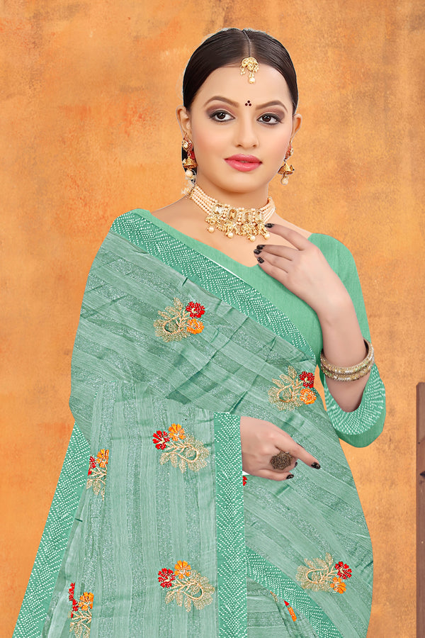Mint Green Floral Embroidered Georgette Saree