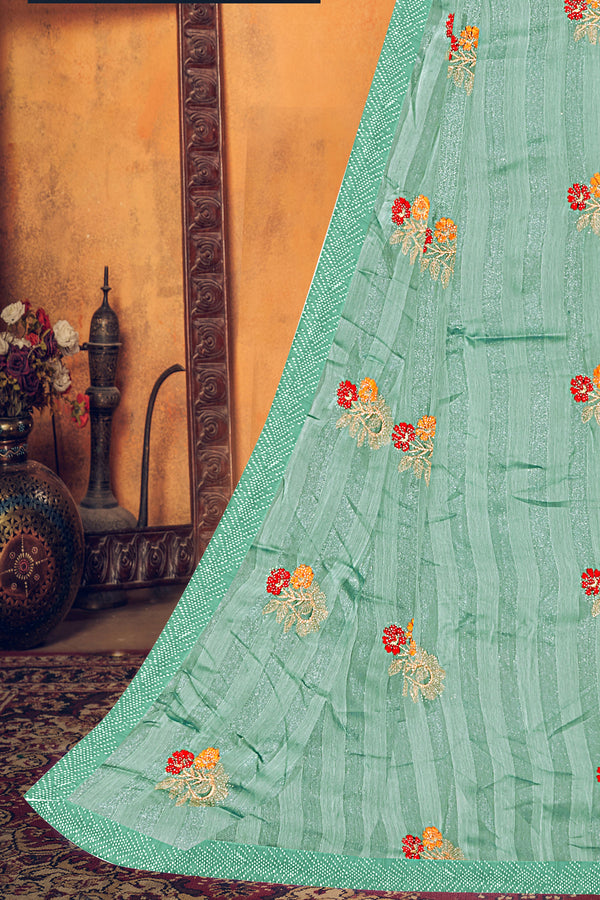 Mint Green Floral Embroidered Georgette Saree