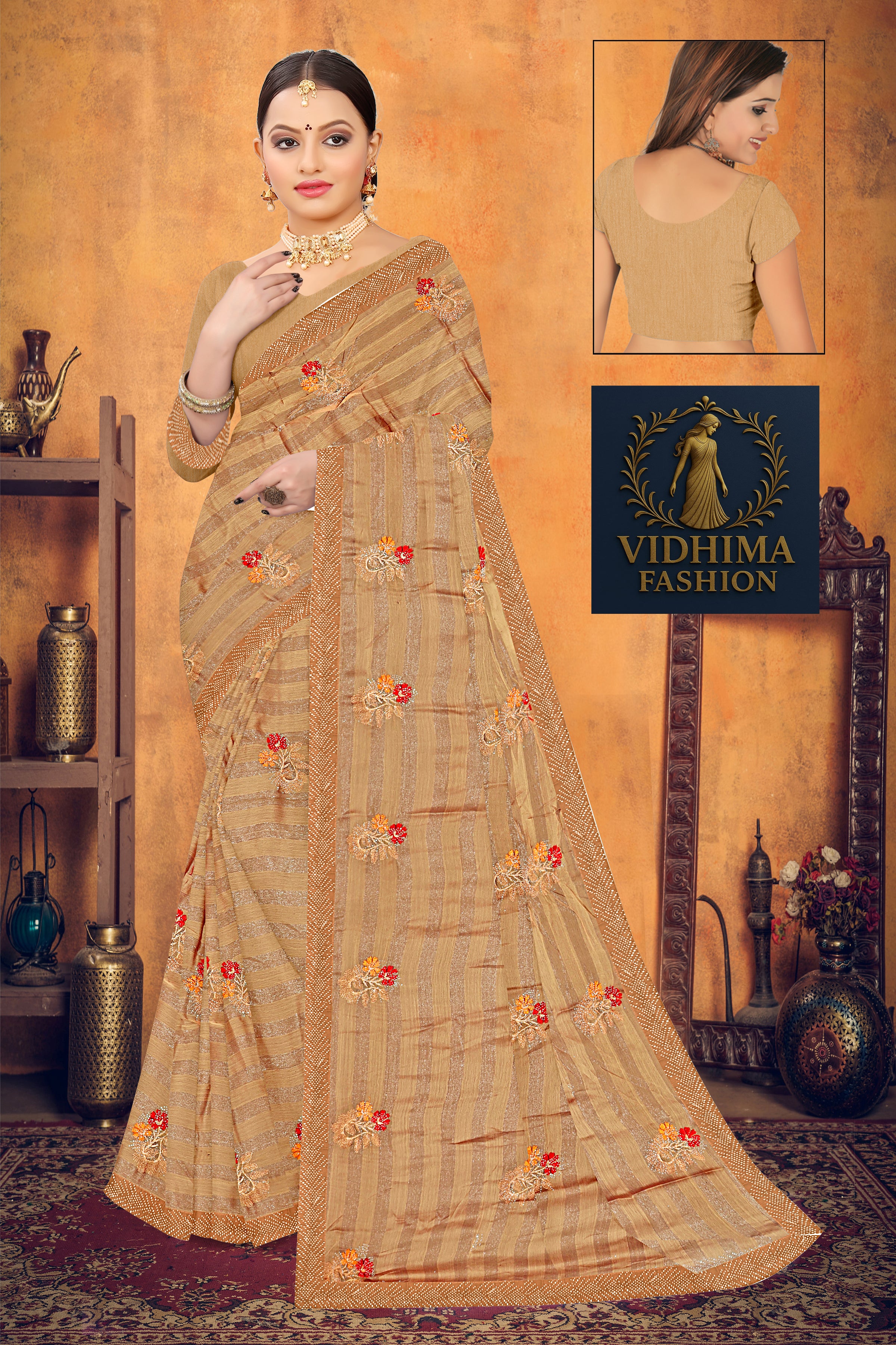 Golden Beige Floral Embroidered Georgette Saree