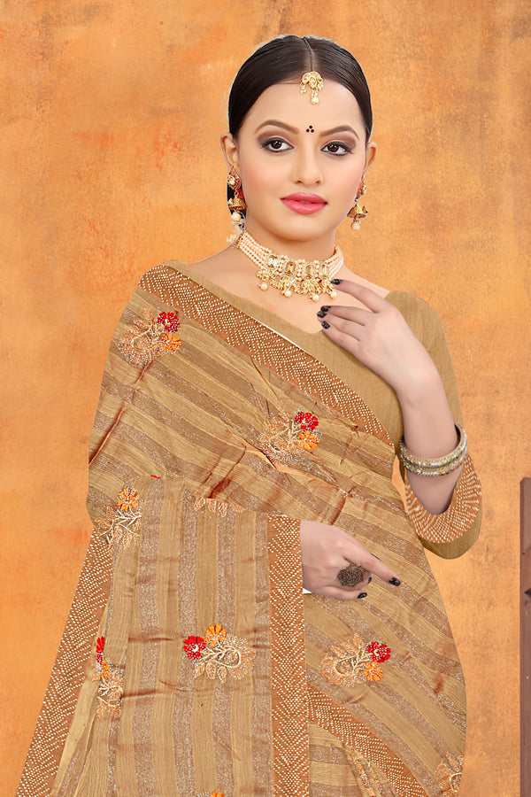 Golden Beige Floral Embroidered Georgette Saree