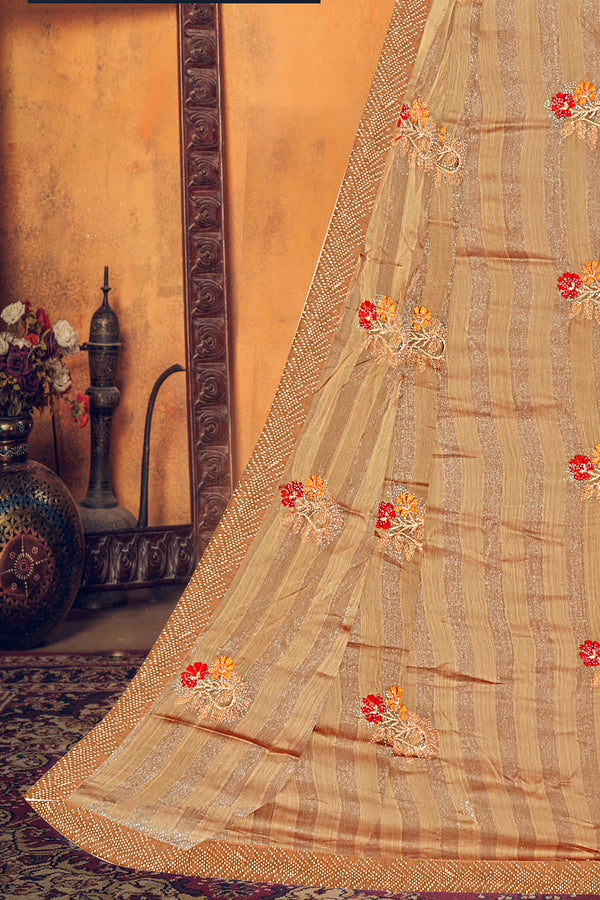 Golden Beige Floral Embroidered Georgette Saree