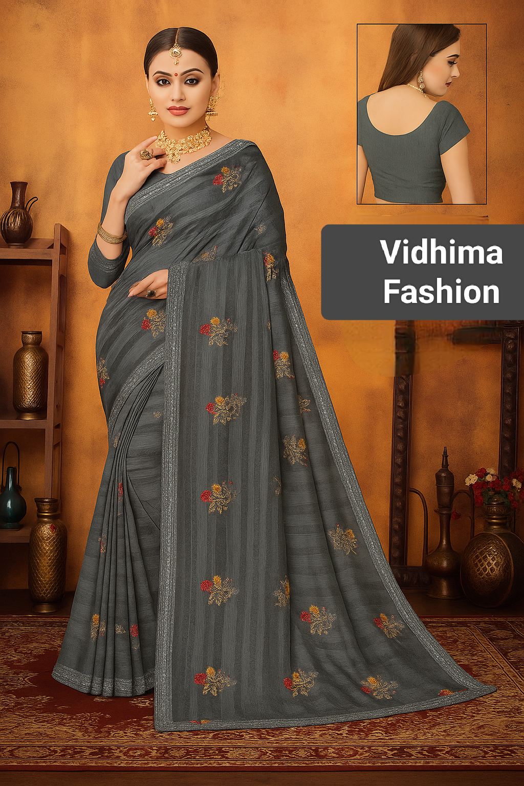 Charcoal Grey Floral Embroidered Georgette Saree