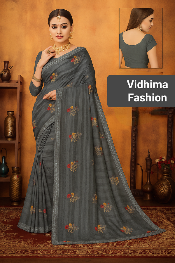 Charcoal Grey Floral Embroidered Georgette Saree
