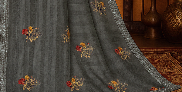 Charcoal Grey Floral Embroidered Georgette Saree