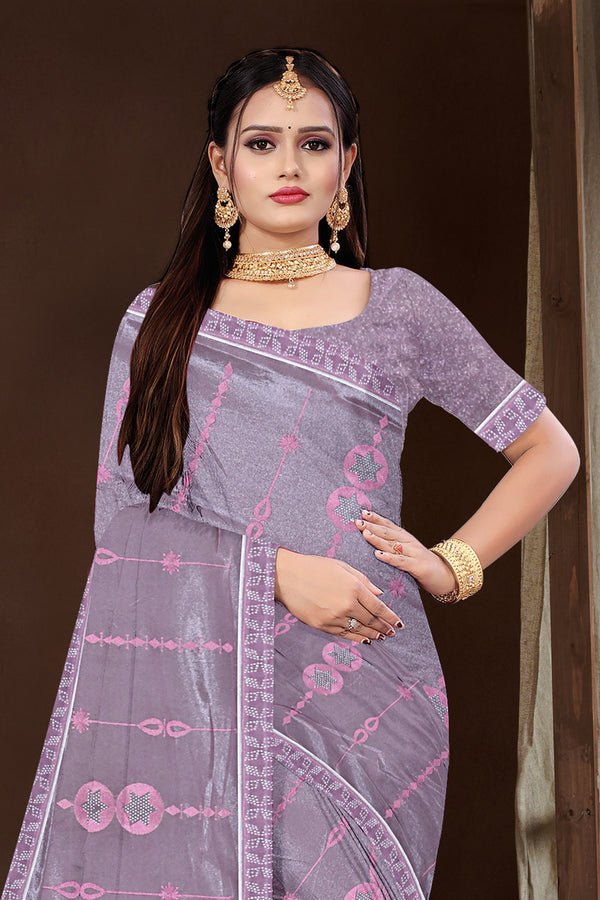 Mauve Pink Embroidered Organza Saree