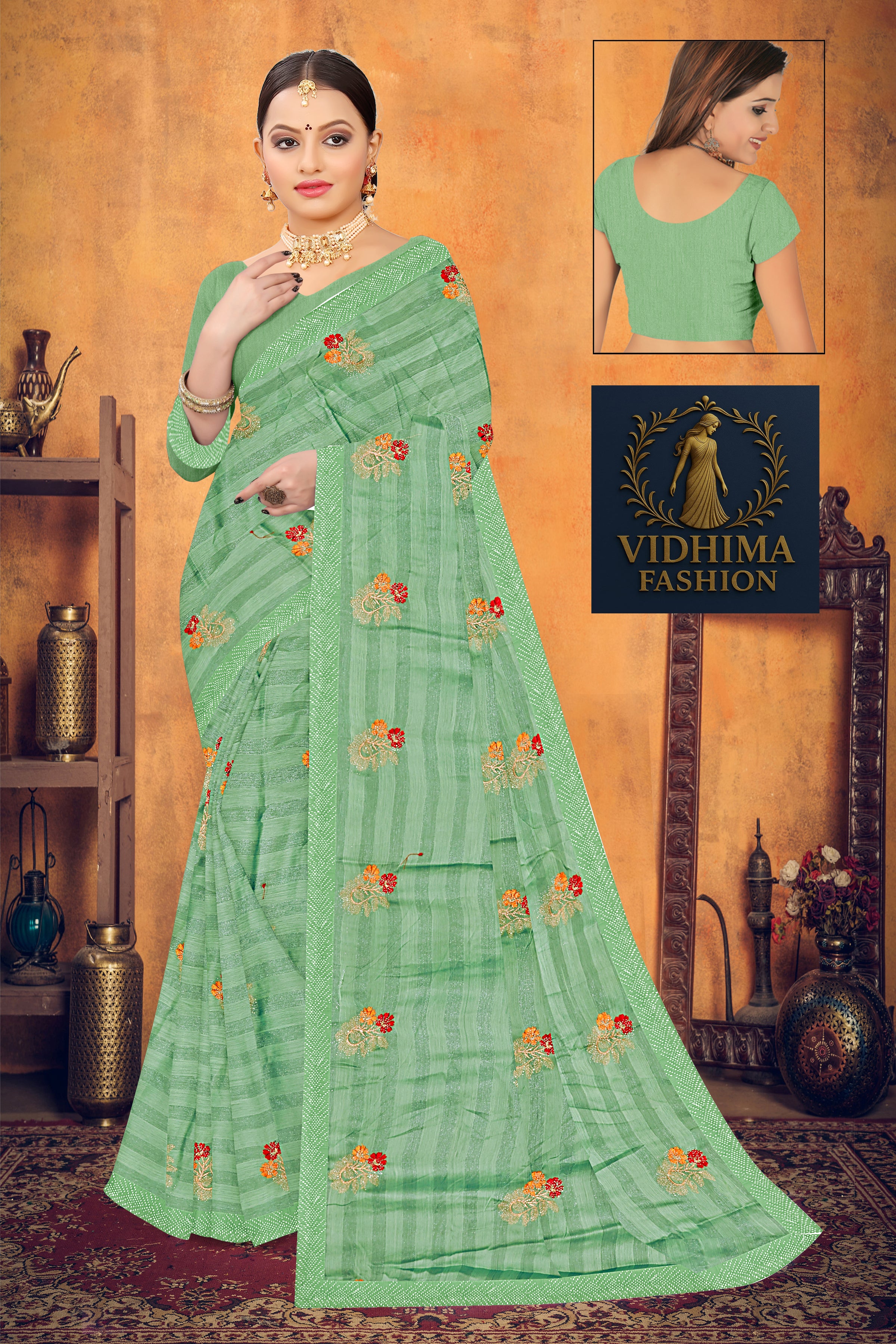 Parrot Green Floral Embroidered Georgette Saree