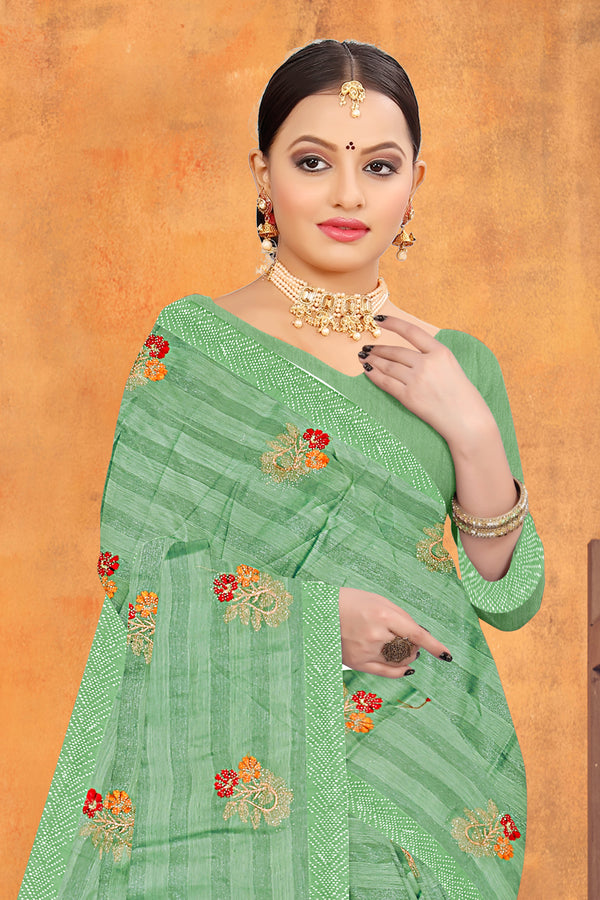 Parrot Green Floral Embroidered Georgette Saree