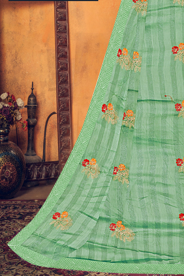 Parrot Green Floral Embroidered Georgette Saree