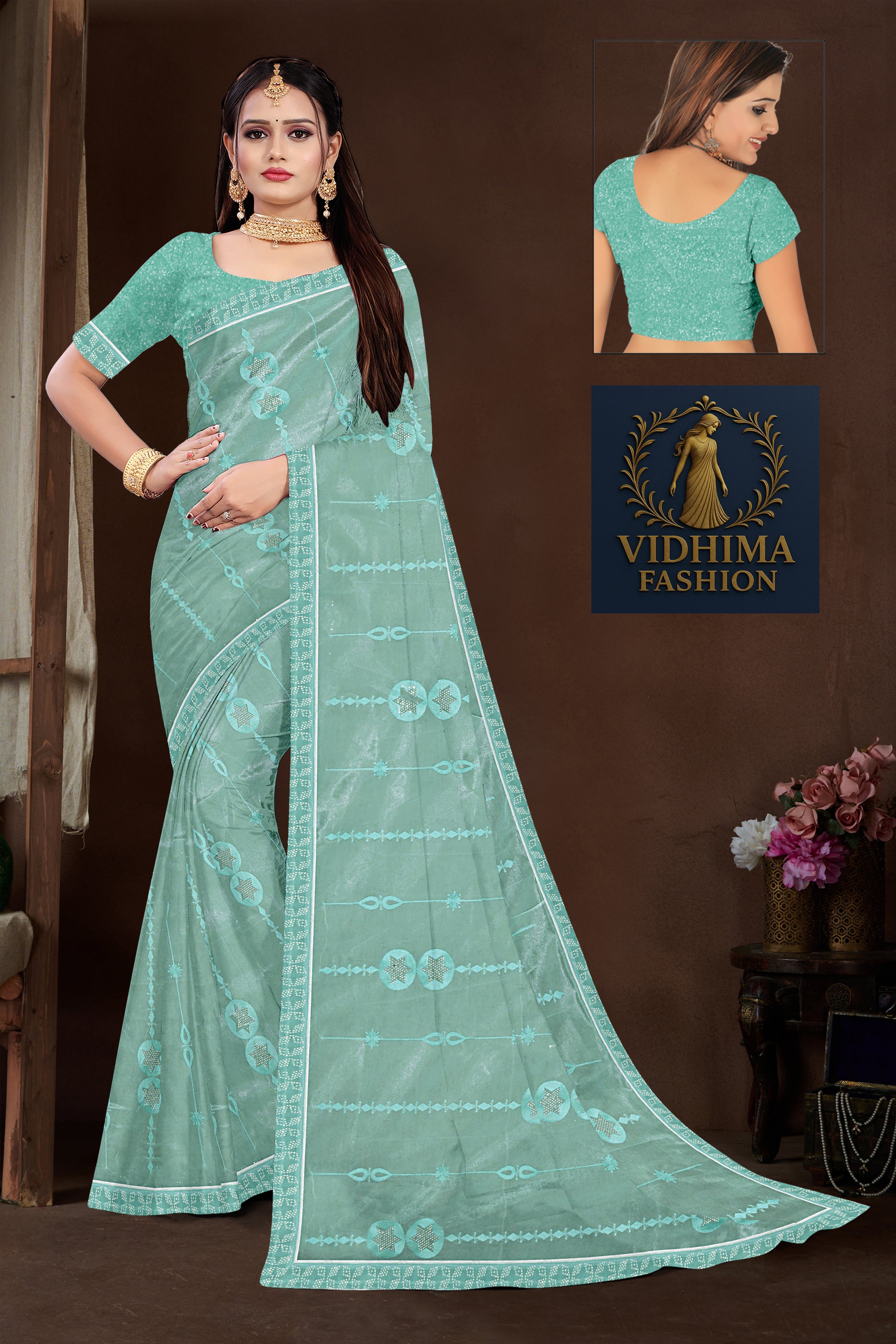 Seafoam Green Embroidered Organza Saree
