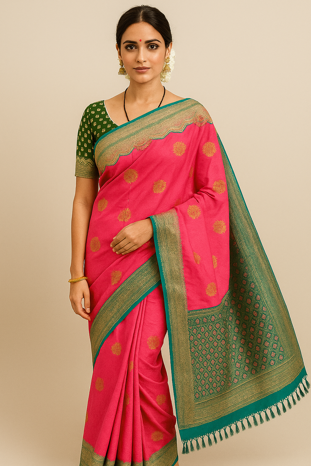 Pink Banarasi Silk Saree with Green Zari Border