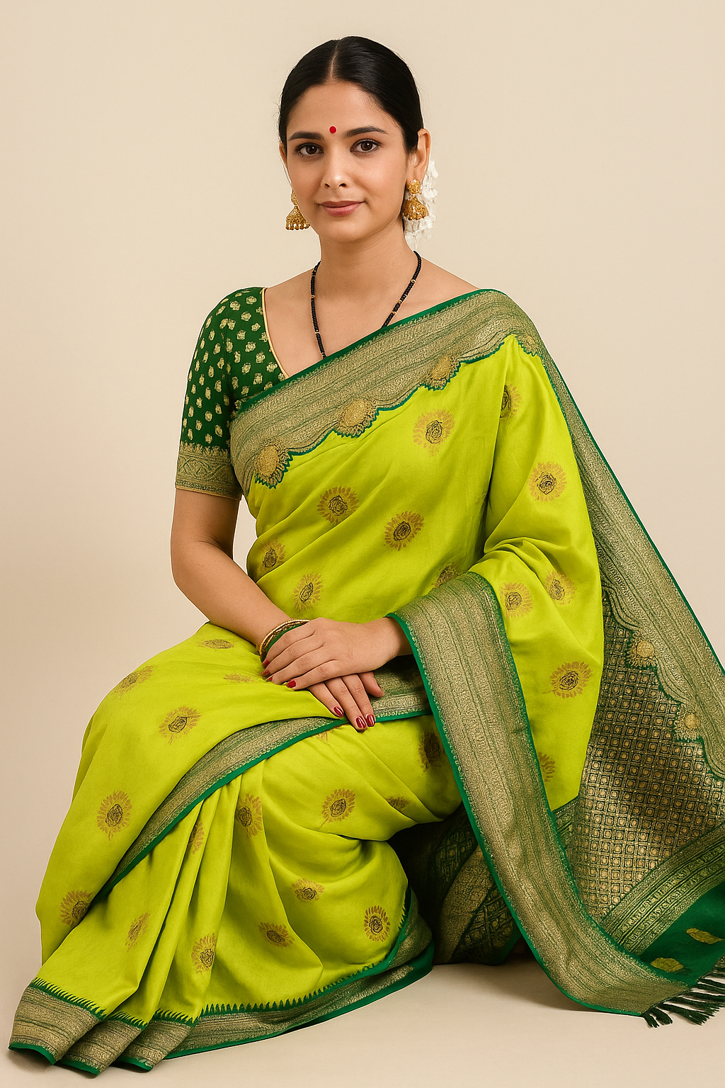 Lime Green Banarasi Silk Saree with Emerald Zari Border