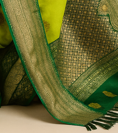 Lime Green Banarasi Silk Saree with Emerald Zari Border