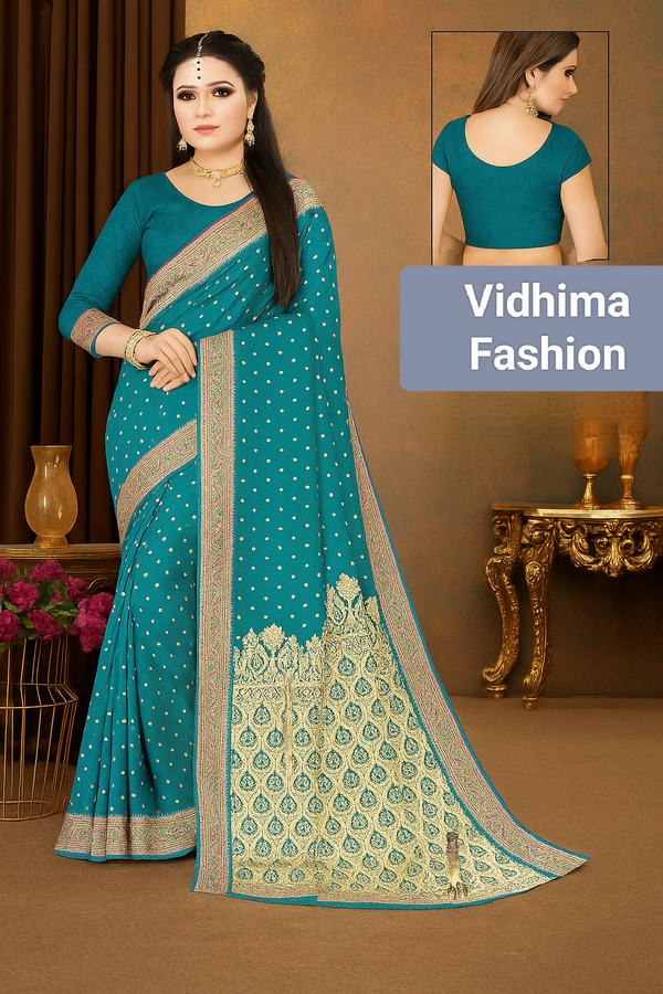 Teal Blue Golden Zari Banarasi Silk Saree