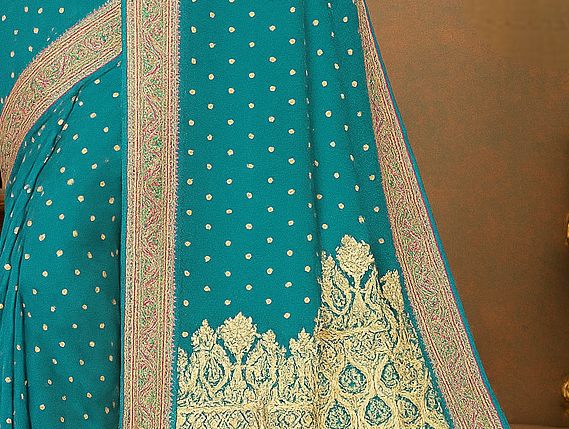 Teal Blue Golden Zari Banarasi Silk Saree