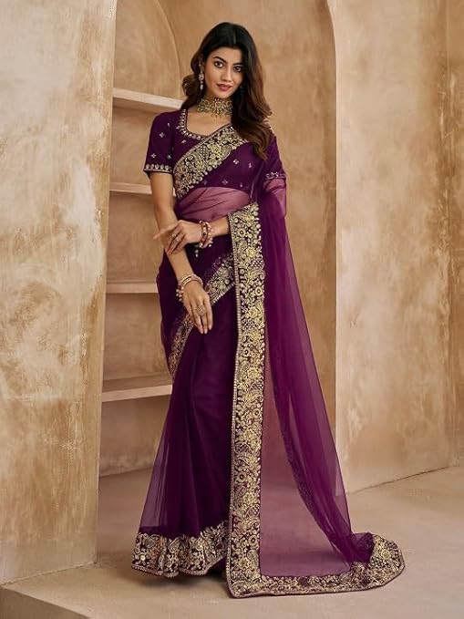 Royal Amethyst – Velvet Touch Net Saree with Zari Embroidery
