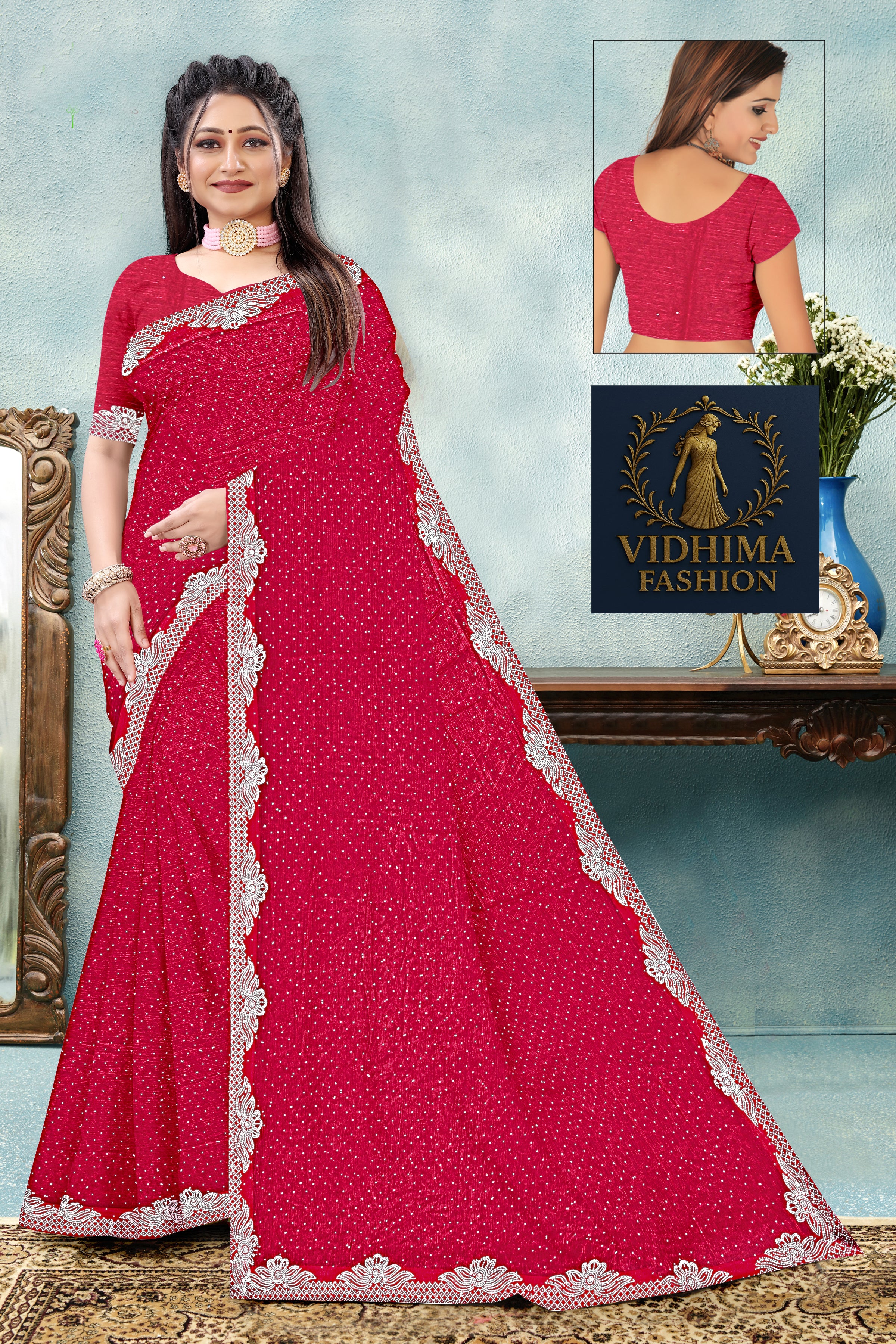 Scarlet Red Designer Silk Saree with Lace Border