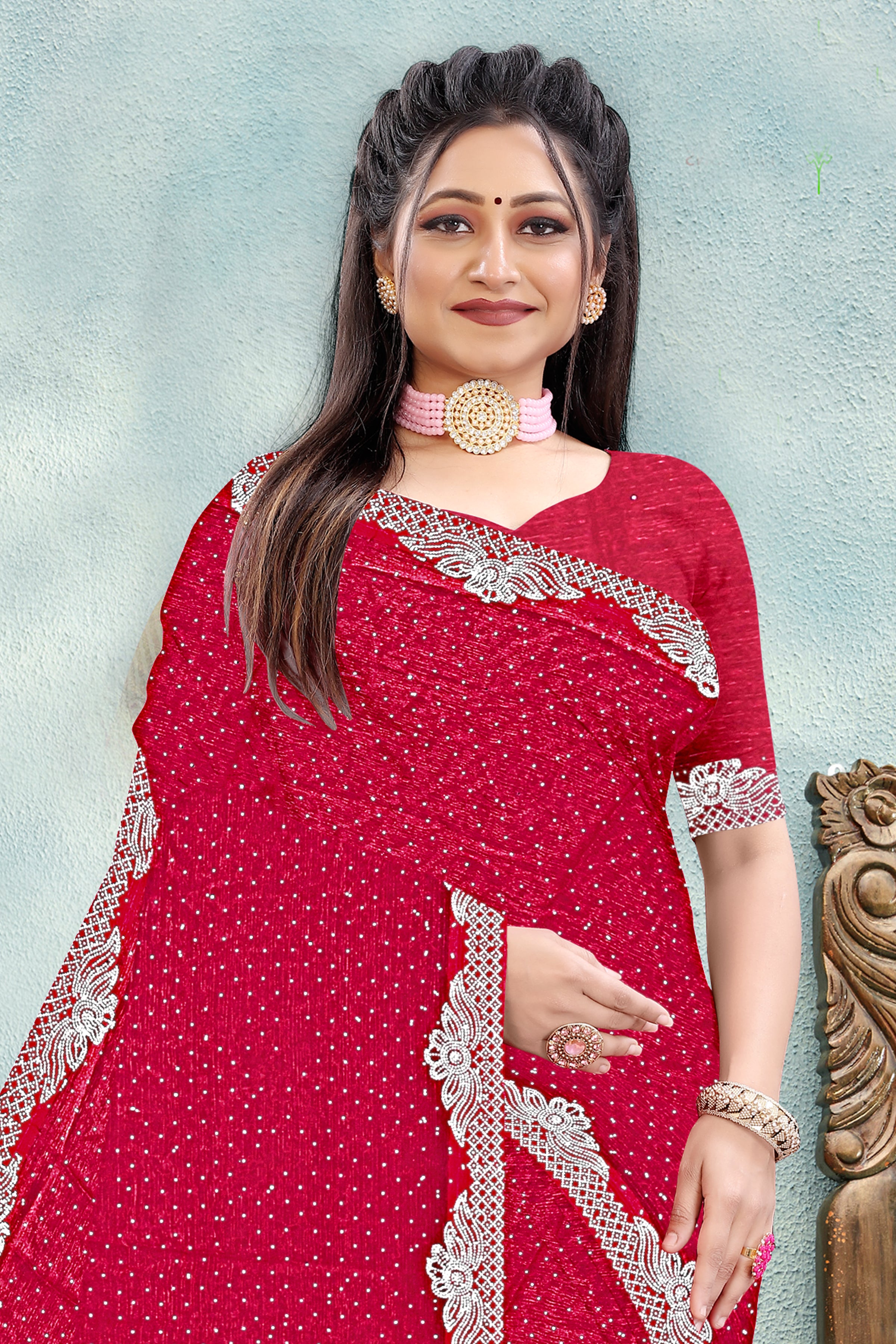 Scarlet Red Designer Silk Saree with Lace Border
