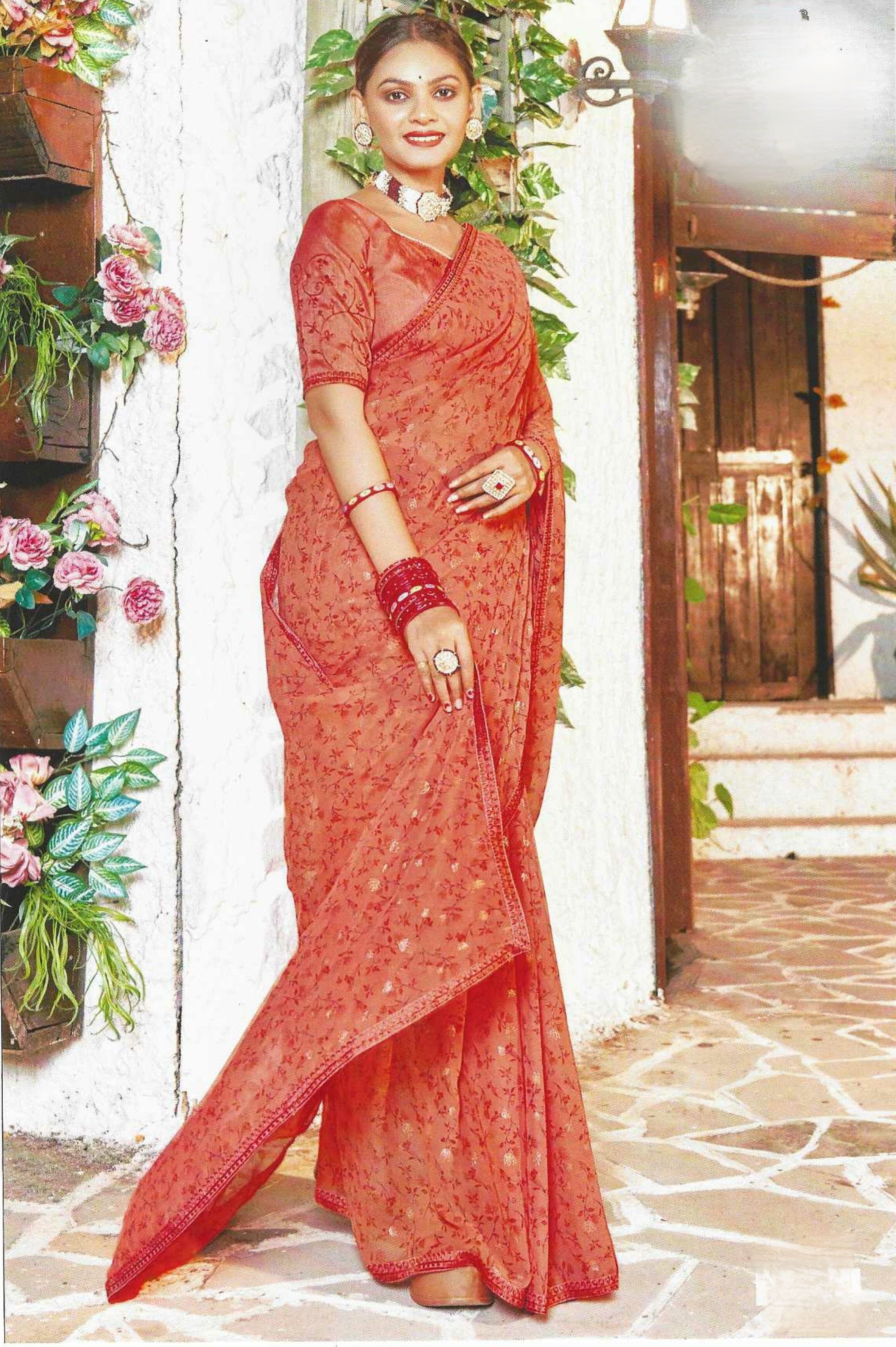 Rust Red Chiffon Saree