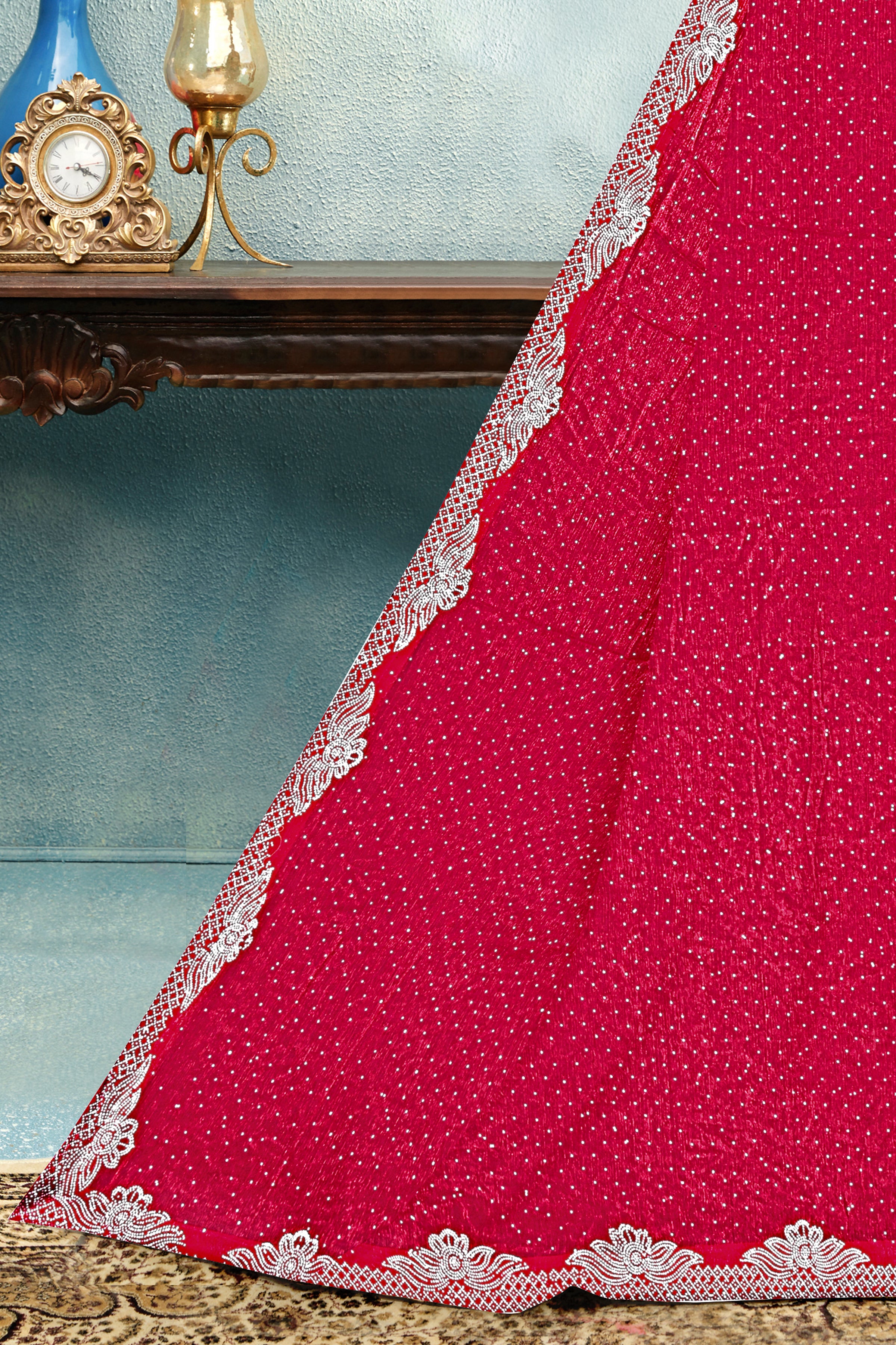 Scarlet Red Designer Silk Saree with Lace Border