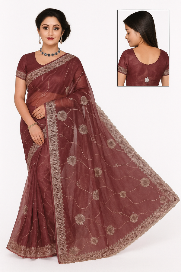 Maroon Wine Embroidered Organza Saree