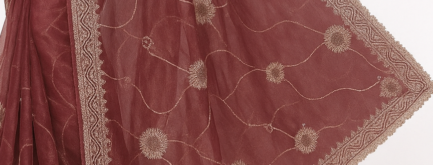 Maroon Wine Embroidered Organza Saree