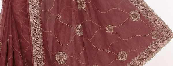 Maroon Wine Embroidered Organza Saree