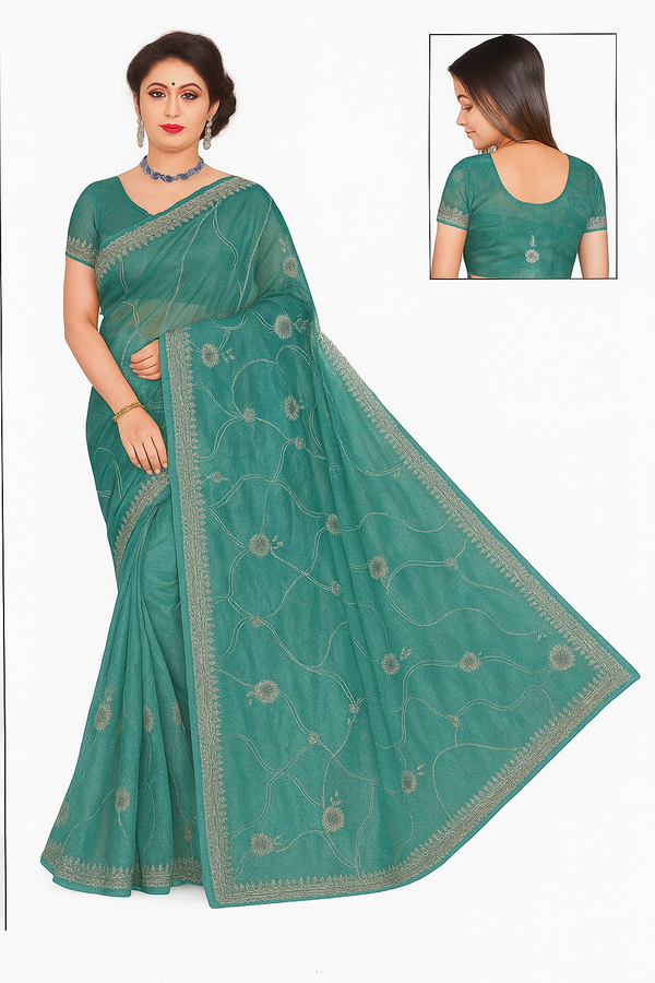 Teal Green Embroidered Organza Saree