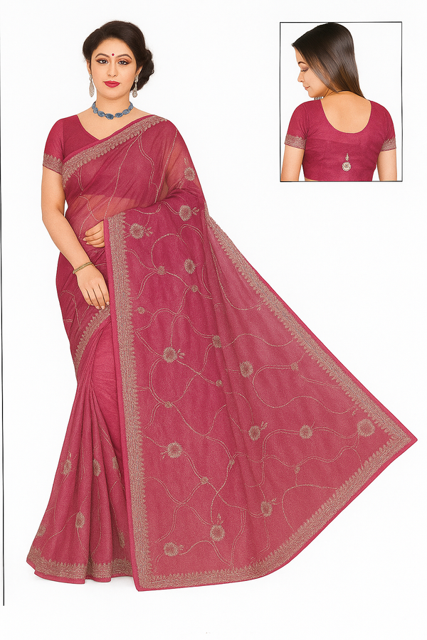 Rani Pink Embroidered Organza Saree