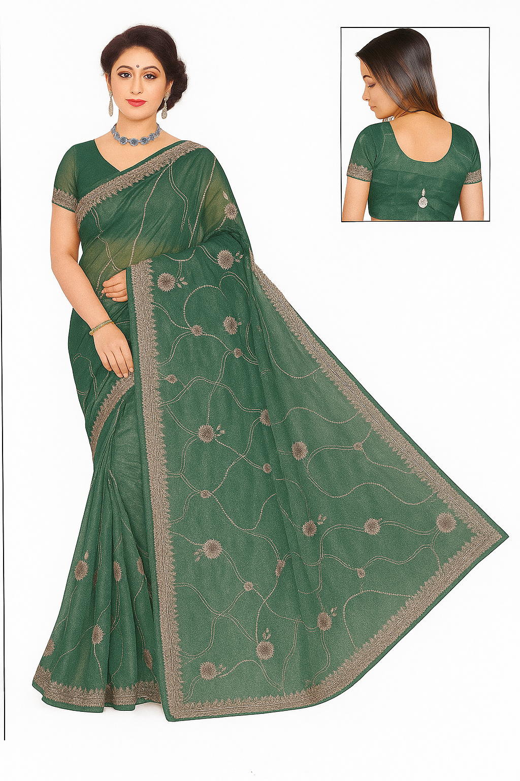 Bottle Green Embroidered Organza Saree