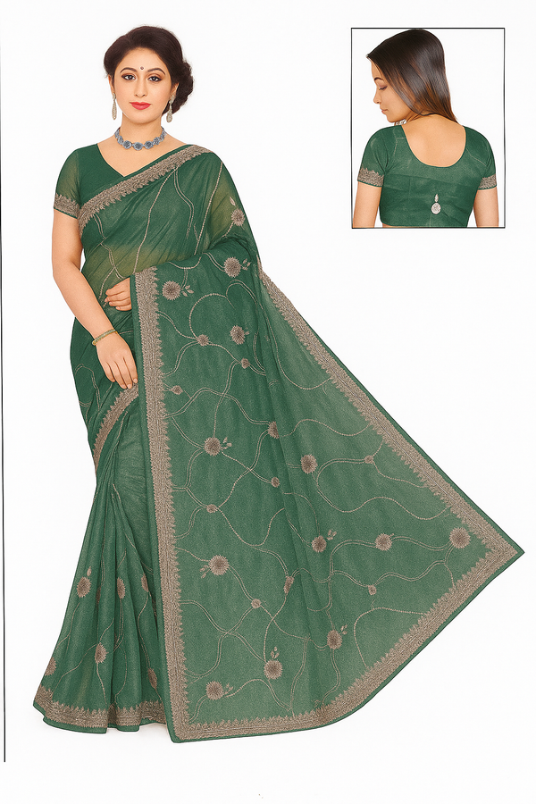 Bottle Green Embroidered Organza Saree