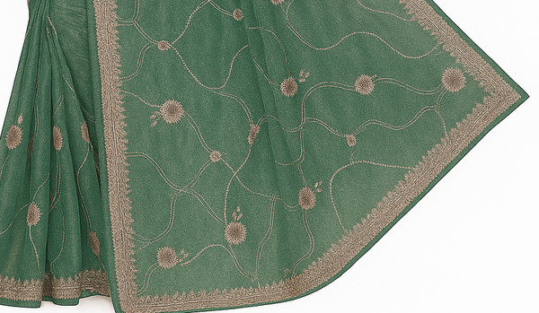Bottle Green Embroidered Organza Saree