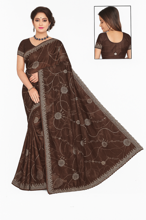 Coffee Brown Embroidered Organza Saree