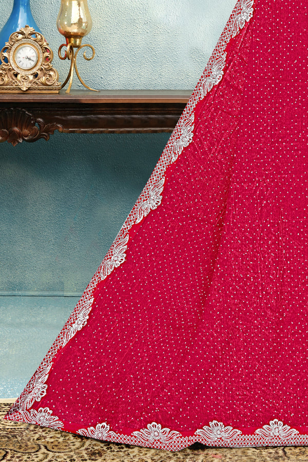 Scarlet Red Designer Silk Saree with Lace Border