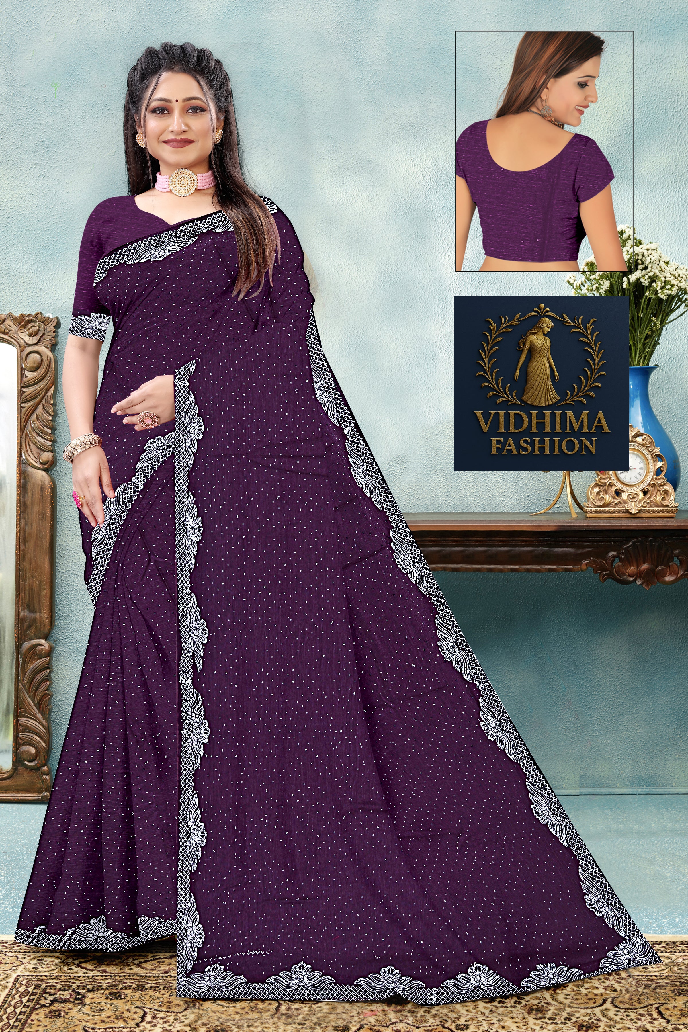 Plum Purple Designer Silk Saree with Lace Border